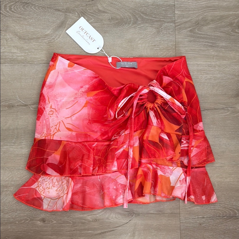Outcast Red/Orange Mesh Floral Printed Mini Ruffle Skirt